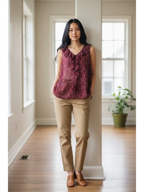No Boundaries Tops - No Boundaries Women’s Burgundy Multicolored Star Pattern Sheer Top